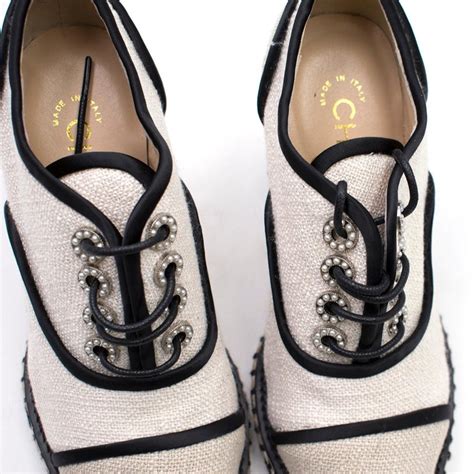 chanel canves wedge lace up|Chanel leather espadrilles.